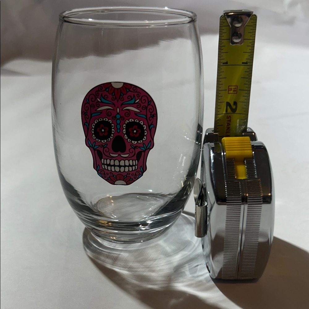 Sugar Skull Stemless Wine Glass - Pink & Teal Skull - Picture 2 of 4